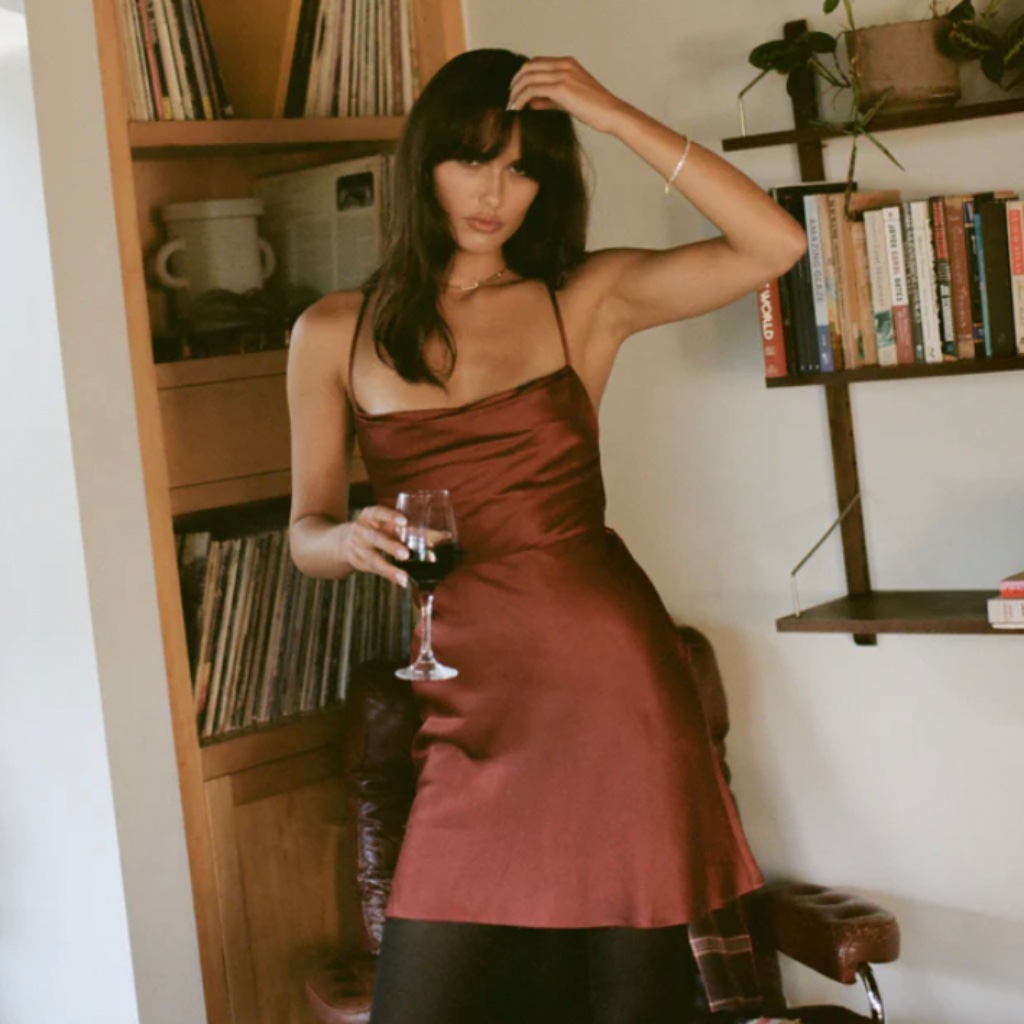 Whimsy + Row Copper Satin Cowl Neck Mini Dress